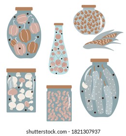 Autumn harvesting and canning. Jars of various shapes with pickled and canned vegetables. Cucumbers, tomatoes, beans, peppers, corn and mushrooms. Vector flat illustration with vegetables and banks.