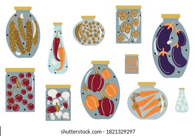 Autumn harvesting and canning set. Jars of various shapes with pickled and canned vegetables. Cucumbers, tomatoes, eggplant, corn and mushrooms. Vector flat illustration with vegetables and banks.