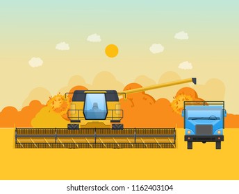 Autumn harvesting in the field. Agricultural machinery, machines for harvesting, processing of grain. Agro-industrial complex, grain-harvesting tractor, combine for farm lands. Vector illustration.