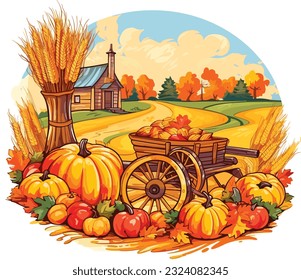 Autumn Harvesting Scene vector design, Autumn Scene illustration