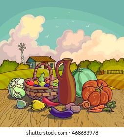 Autumn harvesting. Vector illustration of group of many fruit and vegetable on autumn landscape. Fresh vegetables and fruits. Healthy Food.