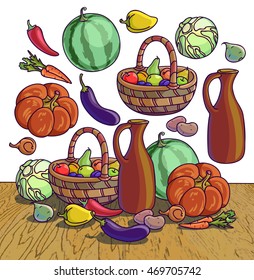 Autumn harvesting. Vector illustration of group of many fruit and vegetable. Fresh vegetables and fruits. Healthy Food.