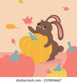Autumn harvesting vegetables concept for poster. Happy cute rabbit hugs huge pumpkin. Happy pumpkin time. Vector flat hand drawn illustration for design, farm and autumn holiday print, greeting