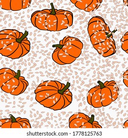 Herbsternte.Orange Kürbis nahtloses Muster.  Vektordoodle-Hintergrund.