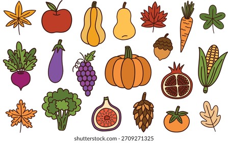 Cosechas de otoño y follaje de otoño conjunto de ilustraciones de líneas planas. Ilustraciones vectoriales de calabaza, manzana, higo, granada, remolacha, berenjena, maíz y otras frutas y verduras otoñales.