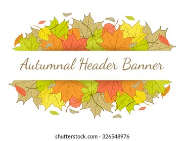 Autumn header banner with hand drawn fallen leaves. Fall seasonal floral illustration with copy space for text and shadow effect. Vector sketch border