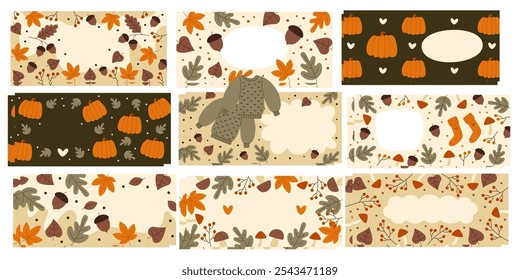 Autumn header banners with cute natural backgrounds decorated by oak, maple leaves, rowan berries, acorns, pumpkin vegetables, warm knitted clothing and calligraphy lettering vector illustration