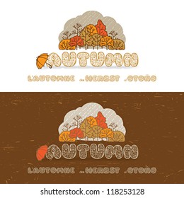 Autumn headline with doodle elements ("Autumn" in English, German, French and Spanish)