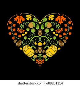 Autumn heart from different elements. Vector illustration on black background.