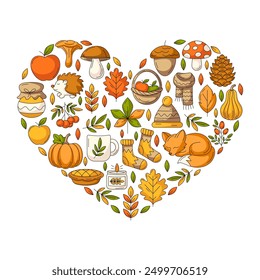 Autumn heart shape design. Cozy seasonal fall elements, food, clothes and animals. Colorful vector flat illustration for greeting card, invitation, social media, poster, print. Isolated background