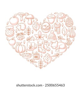 Autumn heart shape design. Cozy seasonal fall elements, food, clothes, animals. Monochrome minimalist red vector flat illustration for greeting card, invitation, social media, poster, print, sticker