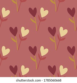 Autumn hearts and twigs seamless pattern. Soft burgundy background with yellow and dark heart elements. Decorative print for wallpaper, wrapping paper, textile print, fabric. Vector illustration.