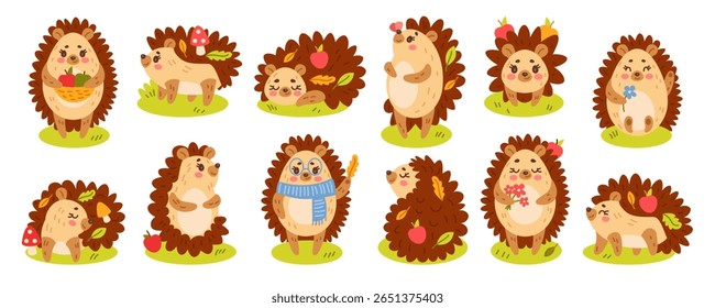 Autumn hedgehog. Cute character. Happy cartoon animal with apples. Childish funny doodle drawing, adorable pet in forest in different poses. Autumnal woodland set. Stickers vector tidy illustration