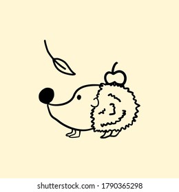 Autumn hedgehog doodle with an apple and a leaf falling. Outline drawing for a coloring book. Simple hand drawn illustration.