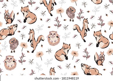 Autumn hedgehog fox owl squirrel seamless vector pattern