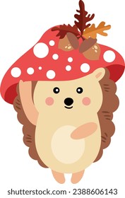 Autumn hedgehog under red mushroom

