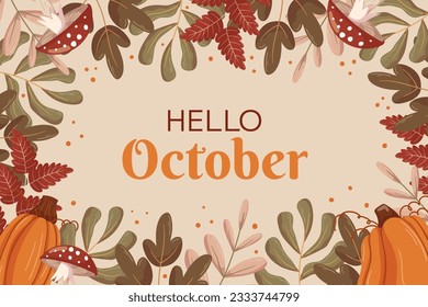 Autumn Hello October background design with different leaves branches, pumpkins and mushroom fly agaric, copy space. Fall concept backdrop frame with autumn vegetable and foliage. 