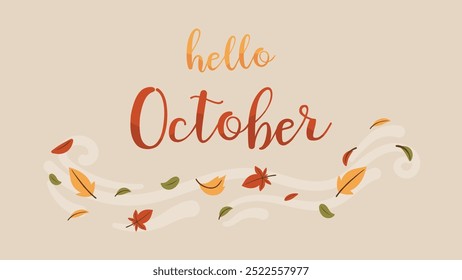 Otoño Hola Octubre diseño de fondo con diferentes ramas de hojas.