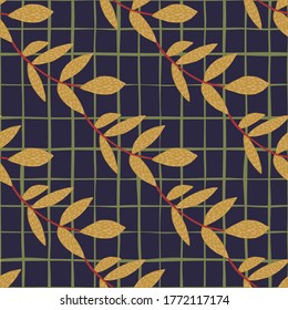 Autumn herbal orange branches pattern on dark blue chequered background. Perfect for wallpaper, web page background, fabric print, wrapping paper. Vector illustration.
