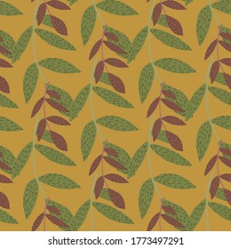 Autumn herbal pattern with green and purple branches on ocher background. Perfect for wallpaper, web page background, fabric print, wrapping paper. Vector illustration.