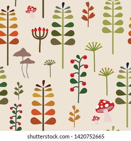 Autumn Herbalism Seamless Pattern, Fall Nature Surface Pattern Background Forest Floor Repeat Pattern for textile design, fabric printing, fashion, stationary or background