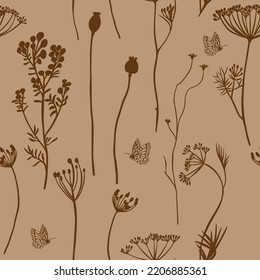 Autumn herbarium seamless pattern with garden herbs, poppies, dill, dandelion vector drawing by line brown tone print for wallpaper, textile, fabric, cover, packaging, paper.