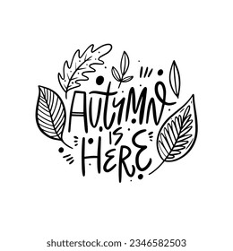 Autumn is here black color lettering phrase. Vector art sign text. Isolated on white background.