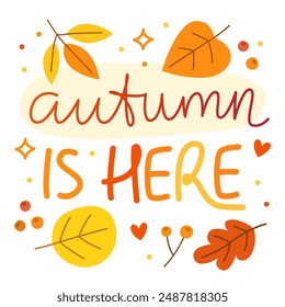 Autumn is here.  Colorful vector lettering. Calligraphy, phrase by hand. Autumn october leaves. Orange and yellow colors, white background.