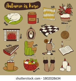 Autumn is here. Cute autumn and winter set of 16 doodle style elements. Multicolored vector elements isolated on beige background. Vintage style.