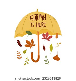 Der Herbst ist da. Dekorative Design-Komposition mit Herbstschrift und saisonalen Elementen. Handgezeichnetes Wort mit Blättern und Regenschirm.