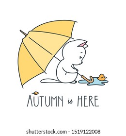Autumn is here. Doodle illustration of cute white cat sitting under the umbrella and looking at the autumn leaf. Vector 8 EPS