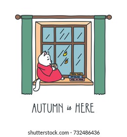 Autumn is here. Doodle vector illustration of cute white cat sitting at the window and holding a cup