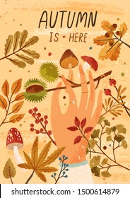 Autumn is here flat greeting card vector template. Fall season postcard, poster layout. Mushrooms picking hobby, active outdoor recreation concept. Hand holding buckeye illustration with typography.