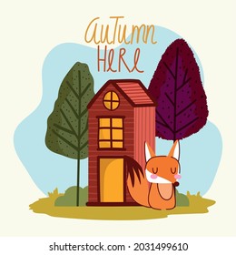 autumn here fox with house and trees