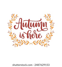 Autumn is here hand lettering surrounded by branches with yellow leaves and berries