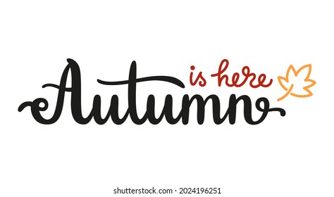 Autumn is here handwritten lettering phrase isolated on white background. Vector calligraphy template for seasonal design. Fall quote for social media, card, web banner or print.