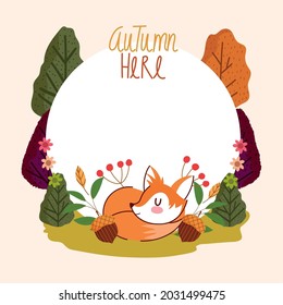 autumn here lettering fox foliage badge