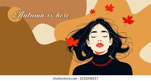 El otoño está aquí: una mujer sintiendo el otoño con los ojos cerrados