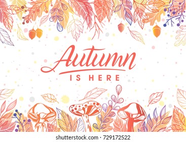 Autumn is here.Hand drawn lettering with mushrooms and leaves in autumn colors.Seasons greetings card perfect for prints,flyers,banners,invitations,special offer and more.Vector autumn illustration.