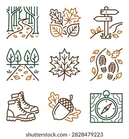 Autumn hiking and forest trail vector icons