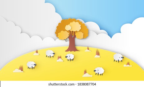 Autumn hill meadow scenery with sheep family live under the tree. Sheep farm In the fall. paper cut and craft style. vector, illustration.