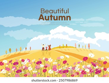 Autumn hills with cosmos flowers in bloom and a bright autumn sky