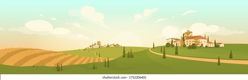 Autumn in hilltop village flat color vector illustration. Luxury Italian villas 2D cartoon landscape. Tuscan scenery. European countryside. Farmland scene. Harvest season. Agricultural field