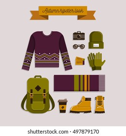 Autumn hipster look. Warm knitted clothes and accessories, shoes and backpack. Casual fashion. Vector illustration. Trendy flat lay style