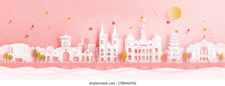 Autumn in Ho Chi Minh City, Vietnam with falling leaves and world famous landmarks in paper cut style vector illustration