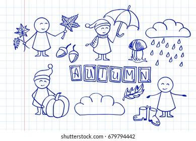 Autumn hobbies. Hand draw of doodles on notebook page. Vector background.