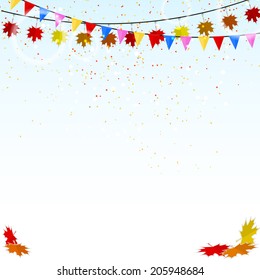 Autumn holiday background with confetti and flags. Vector illustration