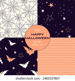 Autumn holiday cartoon vector seamless pattern set. Cobweb, flying bat in midnight, starry sky stripes backgrounds pack. Halloween night decorative textile, wallpaper, wrapping paper design