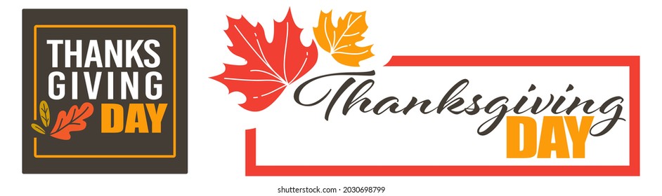 Autumn holiday celebration and greeting, thanksgiving day banners and cards with decorative leaves and dry foliage. Calligraphic inscription and minimalist adornment of flyer. Vector in flat style