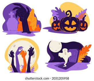 Autumn holiday celebration, halloween in fall season. Graveyard with zombie hand, rising from dead. Spooky ghost by tombstone under full moon, carved pumpkins with light inside. Vector in flat styles